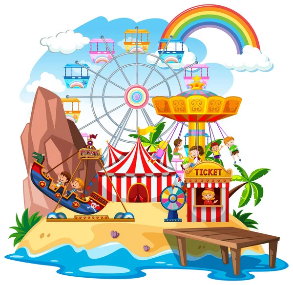 Сцена Themepark Багатьма Поїздками Ілюстрації Острова — стоковий вектор