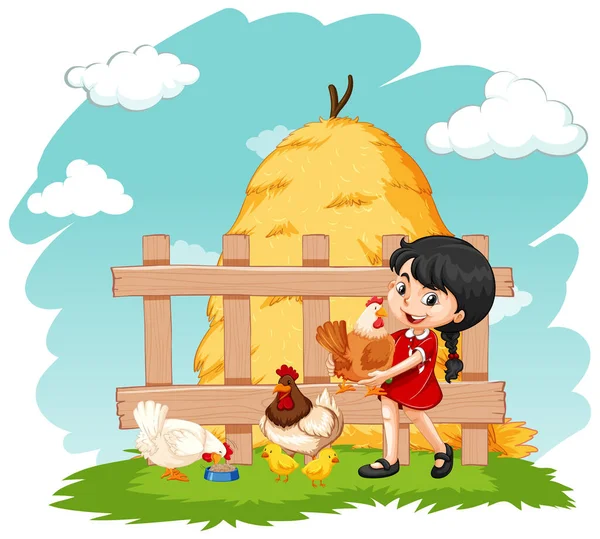 Nettes Mädchen Und Viele Hühner Auf Dem Bauernhof Illustration — Stockvektor