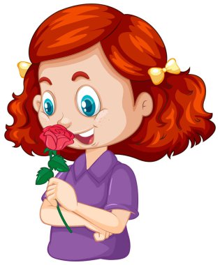 Beyaz arkaplanda tatlı bir kız ve kırmızı gül.