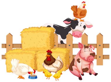 Beyaz arkaplandaki birçok çiftlik hayvanı