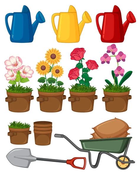 Hermosas Flores Herramientas Jardinería Sobre Fondo Blanco Ilustración — Vector de stock