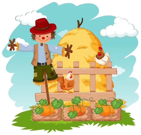 农场图上有稻草人和小鸡的场景 — 图库矢量图片