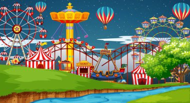 Gece gösteriminde eğlence parkında sürüş sahnesi