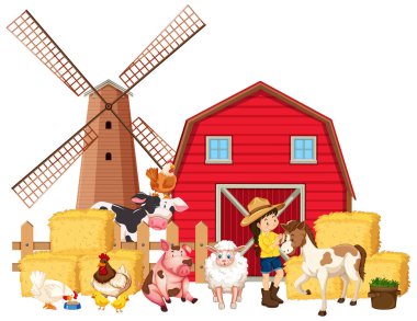 Çiftçi ve bir sürü çiftlik hayvanı resimli sahne