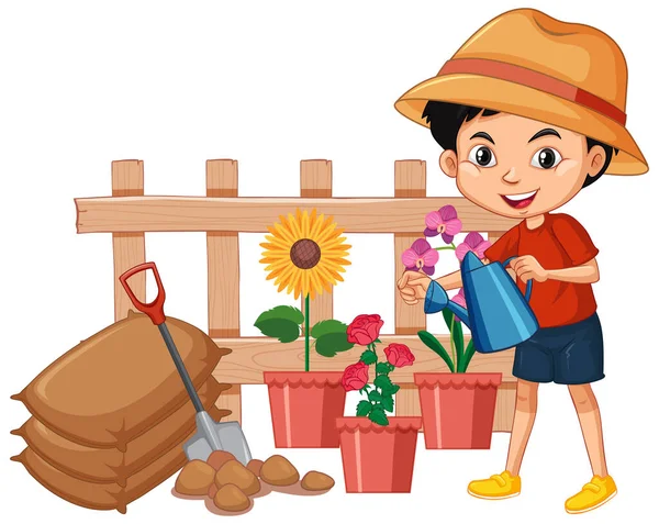 Boy Watering Flowers Garden White Background Illustration — Stock Vector