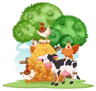Çiftlik illüstrasyonunda birçok hayvanın olduğu bir çiftlik sahnesi.