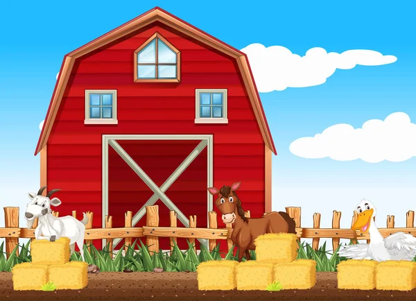 納屋のイラストで多くの動物と農場のシーン — ストックベクタ