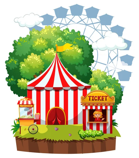 Scène Met Vele Attracties Het Funpark Witte Achtergrond Illustratie — Stockvector