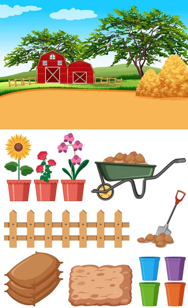 Bauernhofszene Mit Scheunen Und Anderen Landwirtschaftlichen Gegenständen Illustration — Stockvektor