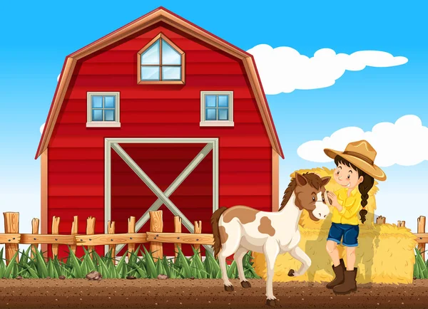 Granja Escena Con Chica Caballo Granja Ilustración — Vector de stock