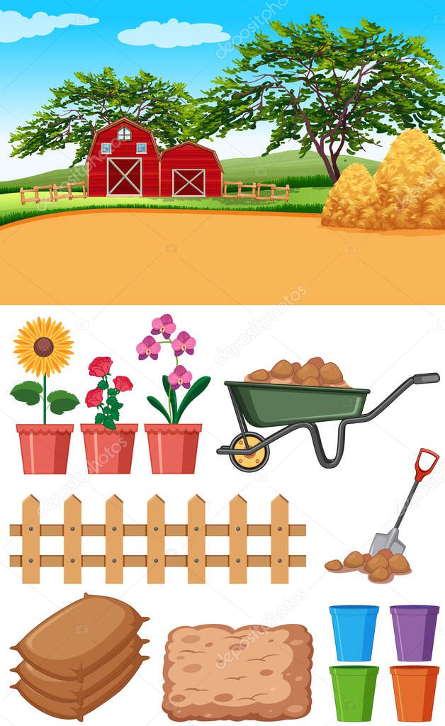 Farm scene with barns and other farming items illustration