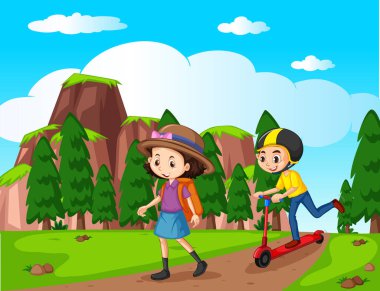 Park illüstrasyonunda birçok çocuğun oynadığı sahne