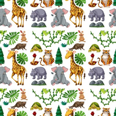 Safari hayvan kusursuz deseni ve sevimli hayvan çizimi.