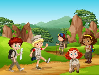 Park illüstrasyonunda birçok çocuğun oynadığı sahne