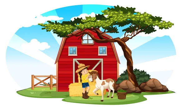 Granja Escena Con Agricultor Pony Granja Ilustración — Vector de stock