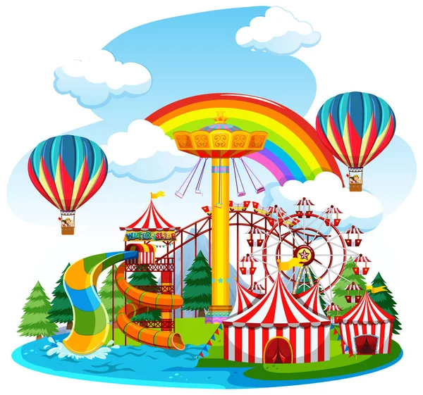 Themepark Scene Many Rides Day Time Illustration — Stock Vector