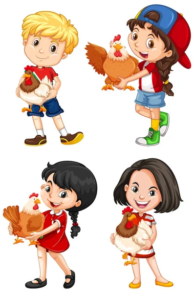 Uppsättning Glada Barn Och Kyckling Vit Bakgrund Illustration — Stock vektor