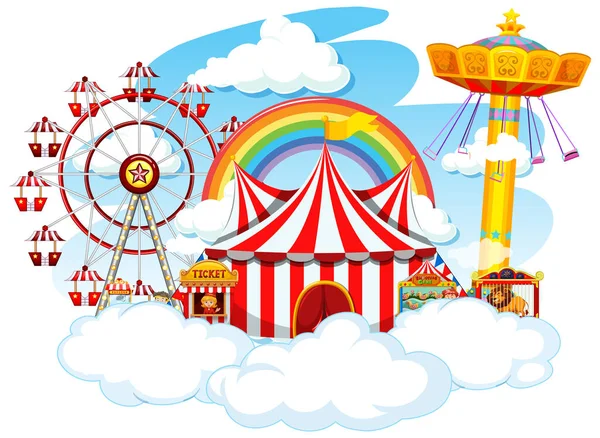 Themepark Scene Many Rides Clouds Illustration — Stock Vector