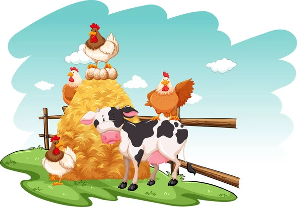 Bauernhofszene Mit Nutztieren Auf Dem Bauernhof Illustration — Stockvektor