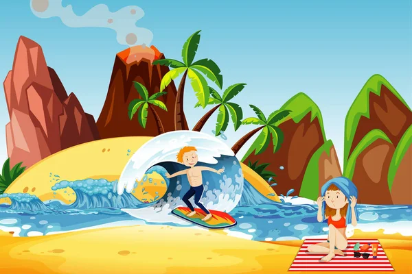 Escena Oceánica Con Gente Divirtiéndose Playa Ilustración — Vector de stock