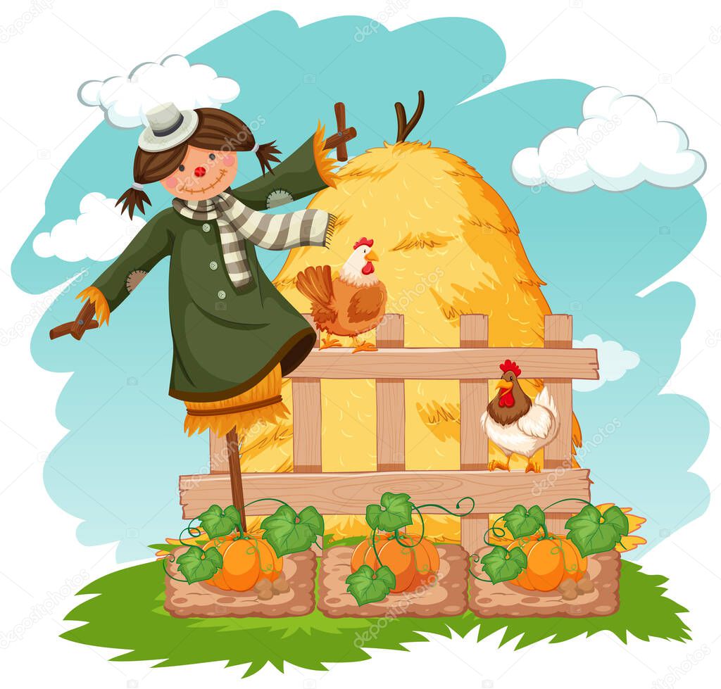 Scene with scarecrow and chickens in vegetable garden illustration