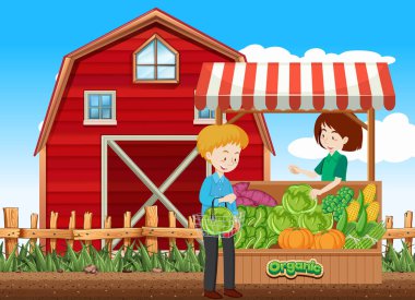 Çiftlik illüstrasyonunda müşteri ve meyve satıcısıyla tarım sahnesi