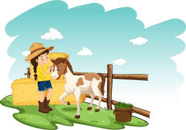 Beyaz arkaplanda çiftçi ve midillinin olduğu bir çiftlik sahnesi