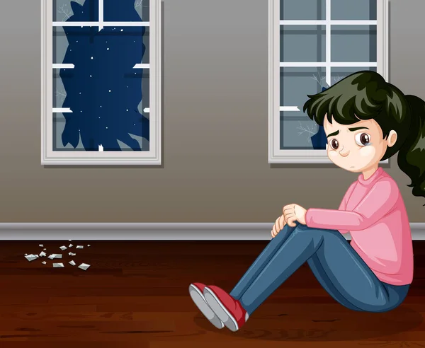 Scene Sad Girl Broken Home Illustration — Stock Vector