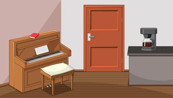Klavier Und Kaffeemaschine Wohnzimmer Cartoon Stil — Stockvektor