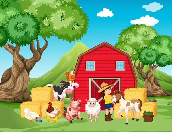 Escena Granja Con Granjeros Muchos Animales Granja Ilustración — Vector de stock