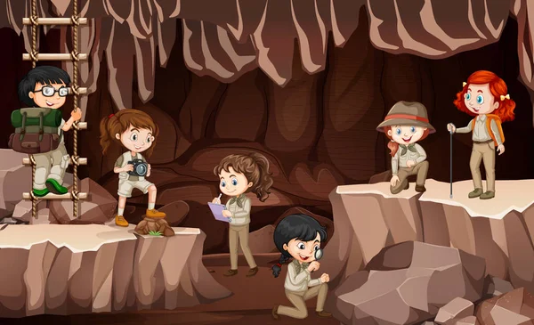 Scen Med Grupp Scouter Utforska Grottan Illustration — Stock vektor
