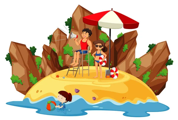 Scena Oceanica Con Persone Che Divertono Sulla Spiaggia Illustrazione — Vettoriale Stock