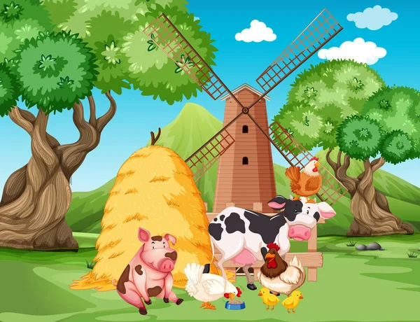 Boerderijscène Met Boerderijdieren Windmolen Boerderij Illustratie — Stockvector