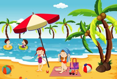 Sahilde eğlenen insanların olduğu okyanus sahnesi.