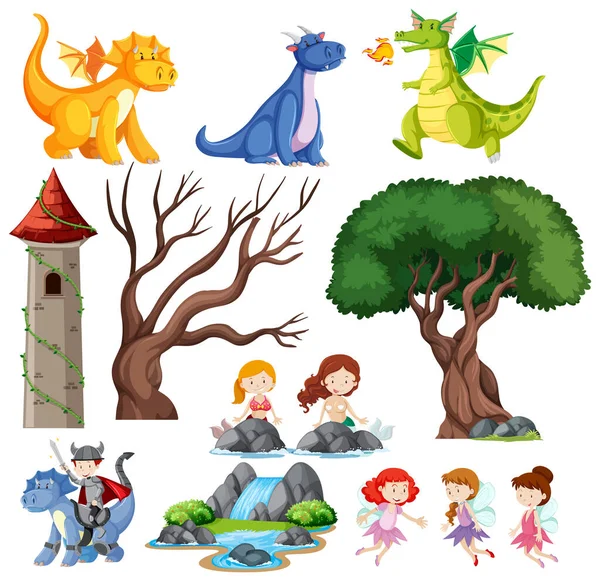 Set Children Fairy Tale Castle Dragon Illustration — Stock Vector