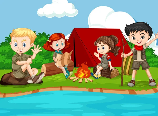 Groep Kinderen Camping Illustratie — Stockvector