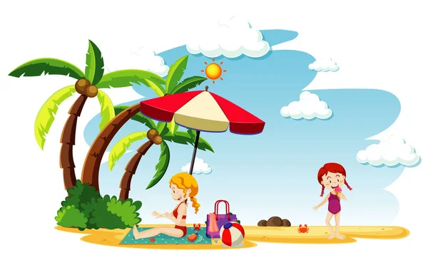 Escena Con Dos Chicas Jugando Playa Ilustración — Vector de stock