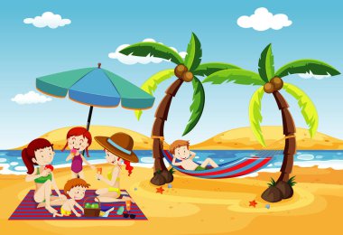 Sahilde eğlenen insanların olduğu okyanus sahnesi.