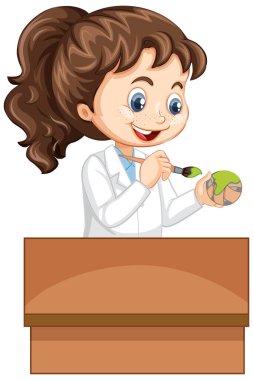 Beyaz arkaplan illüstrasyonunda kağıt topu yeşile boyayan kız