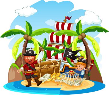 Hazine Adası illüstrasyonunda korsan ve mutlu çocuk sahnesi