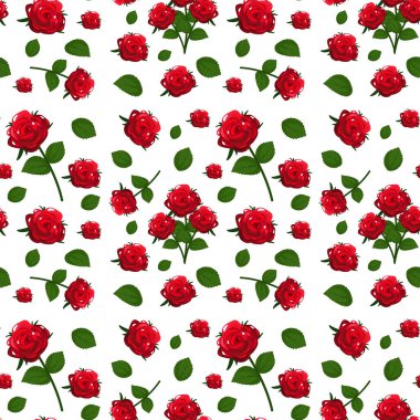 Sevimli kırmızı güller ve yaprak çizimleriyle kusursuz desen