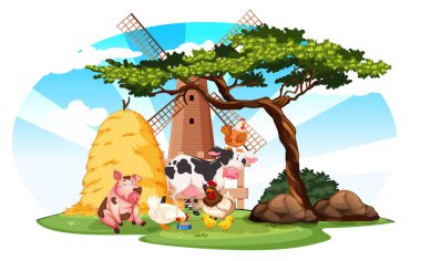 Farm scene with farm animals and windmill on the farm illustration clipart
