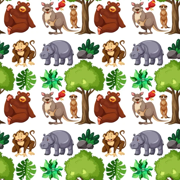 Dzikie Zwierzęta Drzewa Bezszwowe Wzór Ilustracji — Wektor stockowy