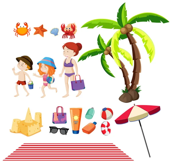 Zestaw Osób Przedmiotów Letnich Ilustracji Plaży — Wektor stockowy