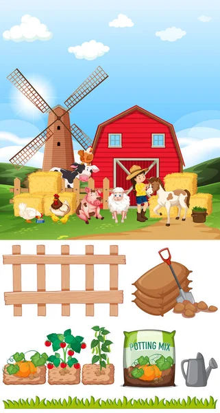 Farm Scene Many Animals Other Items Farm Illustration — Stock Vector