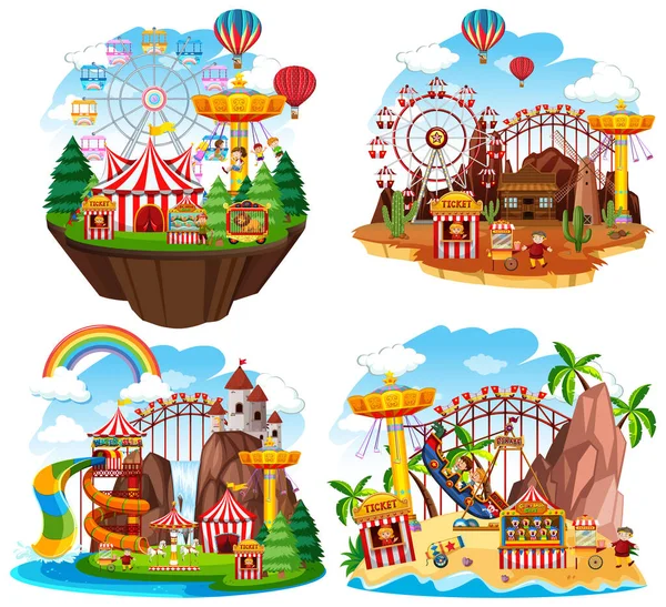 Themepark Scene Many Rides Islands Illustration — Stock Vector