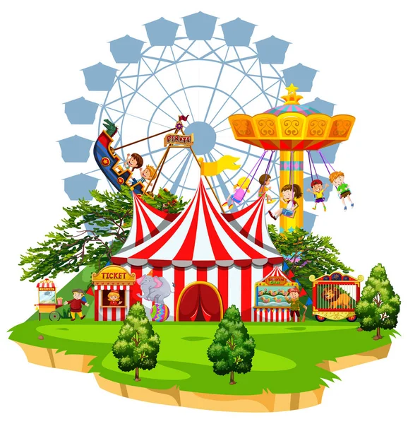 Scene Many Rides Funpark White Background Illustration — Stock Vector