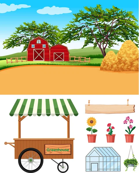 Scena Dell Azienda Agricola Con Fienili Oggetti Agricoli Nell Illustrazione — Vettoriale Stock