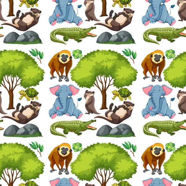 Wild Cute Animal Tree Seamless Pattern Illustration — Stock Vector