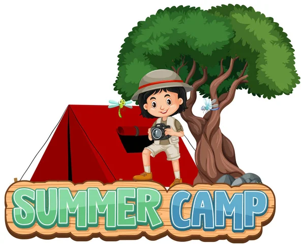 Projektowanie Czcionki Dla Word Summer Camp Girl Red Tent Illustration — Wektor stockowy